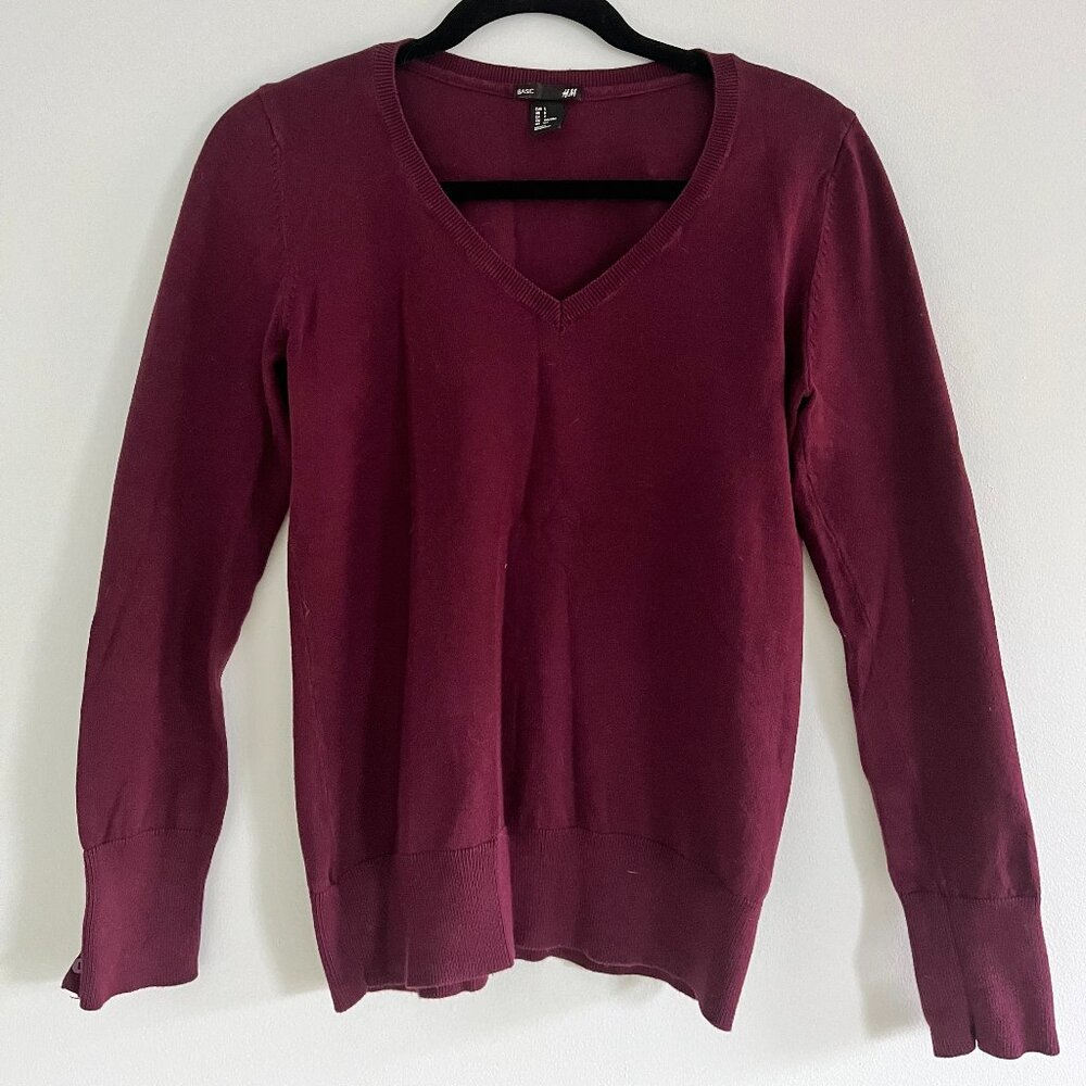 H&M Women's Wine-Colored V-Neck Long-Sleeve Top